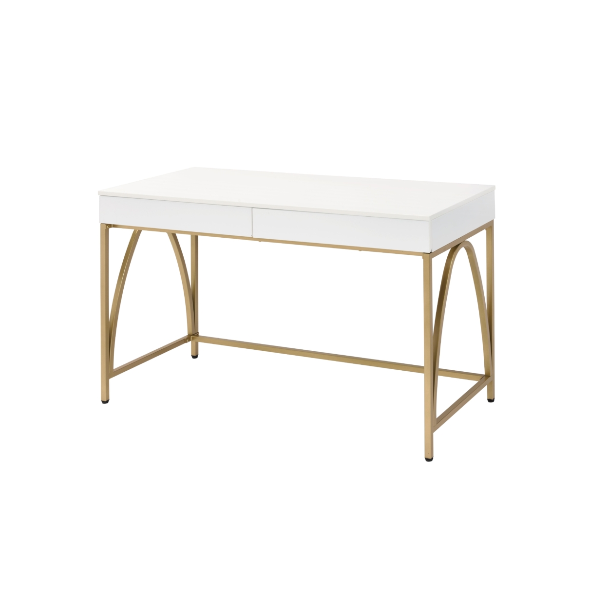 Rectangular Wooden Frame Desk With 2 Drawers And Metal Legs, White And Gold