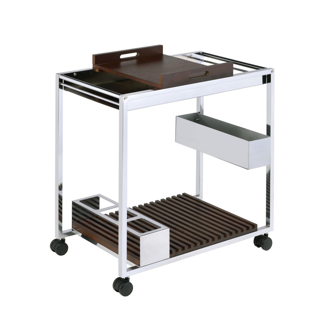 Metal And Wood Serving Cart With Tray And Floating Shelf, Brown And White
