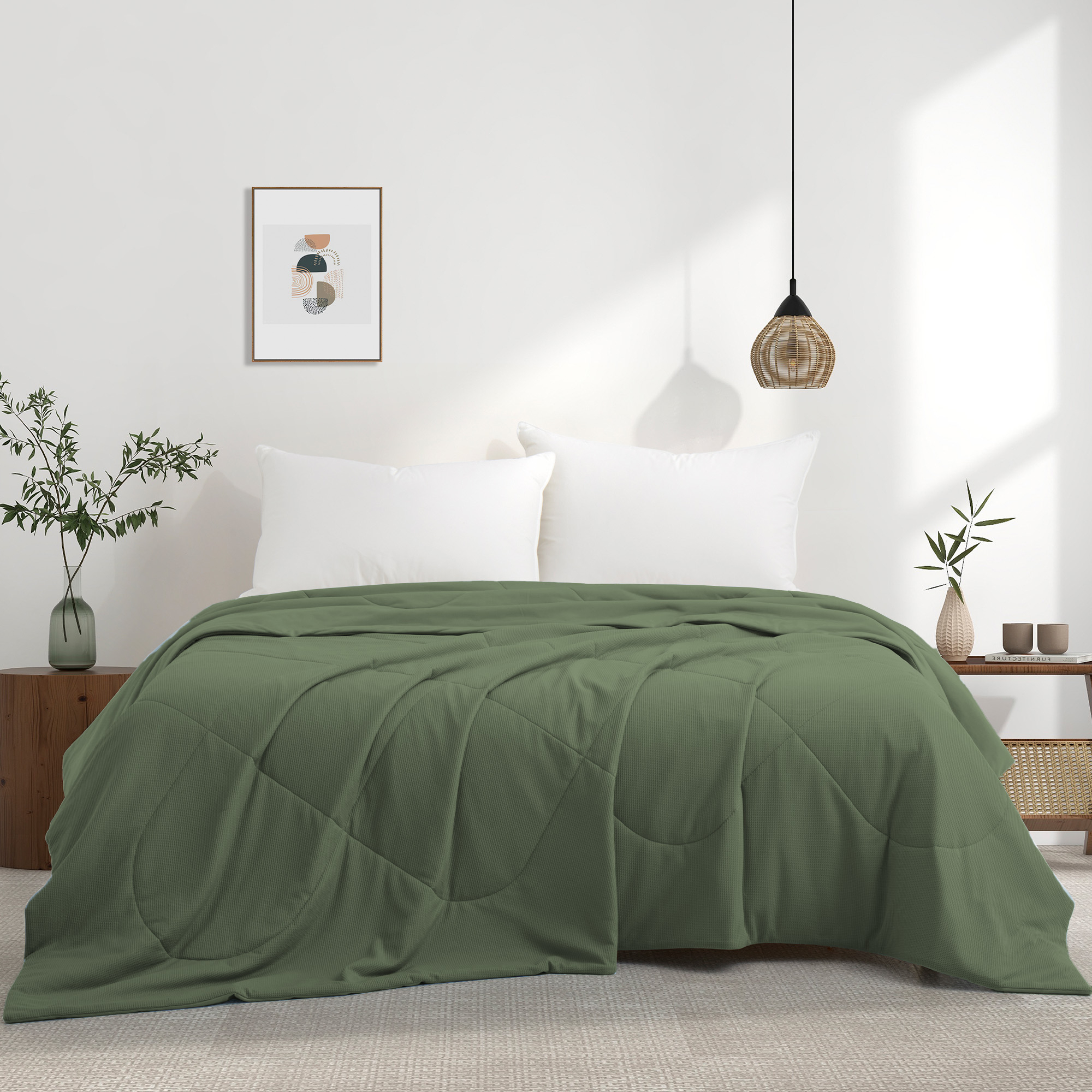 Silky Lightweight Blanket With Waffle Design Oversize Bed Blanket, Green, 68 X 90