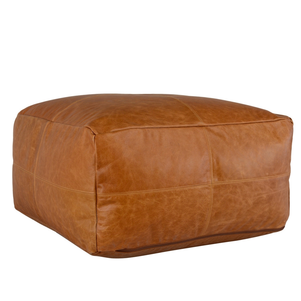 Norm 24 Inch Square Pouf, Soft Bead Filled, Pieced Design Brown Leather- Saltoro Sherpi