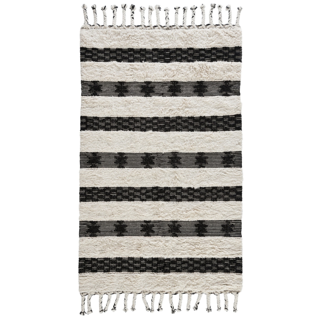 Elise 2 X 3 Shag Area Rug, Handwoven Wool, Ivory And Black Moroccan Design - Saltoro Sherpi