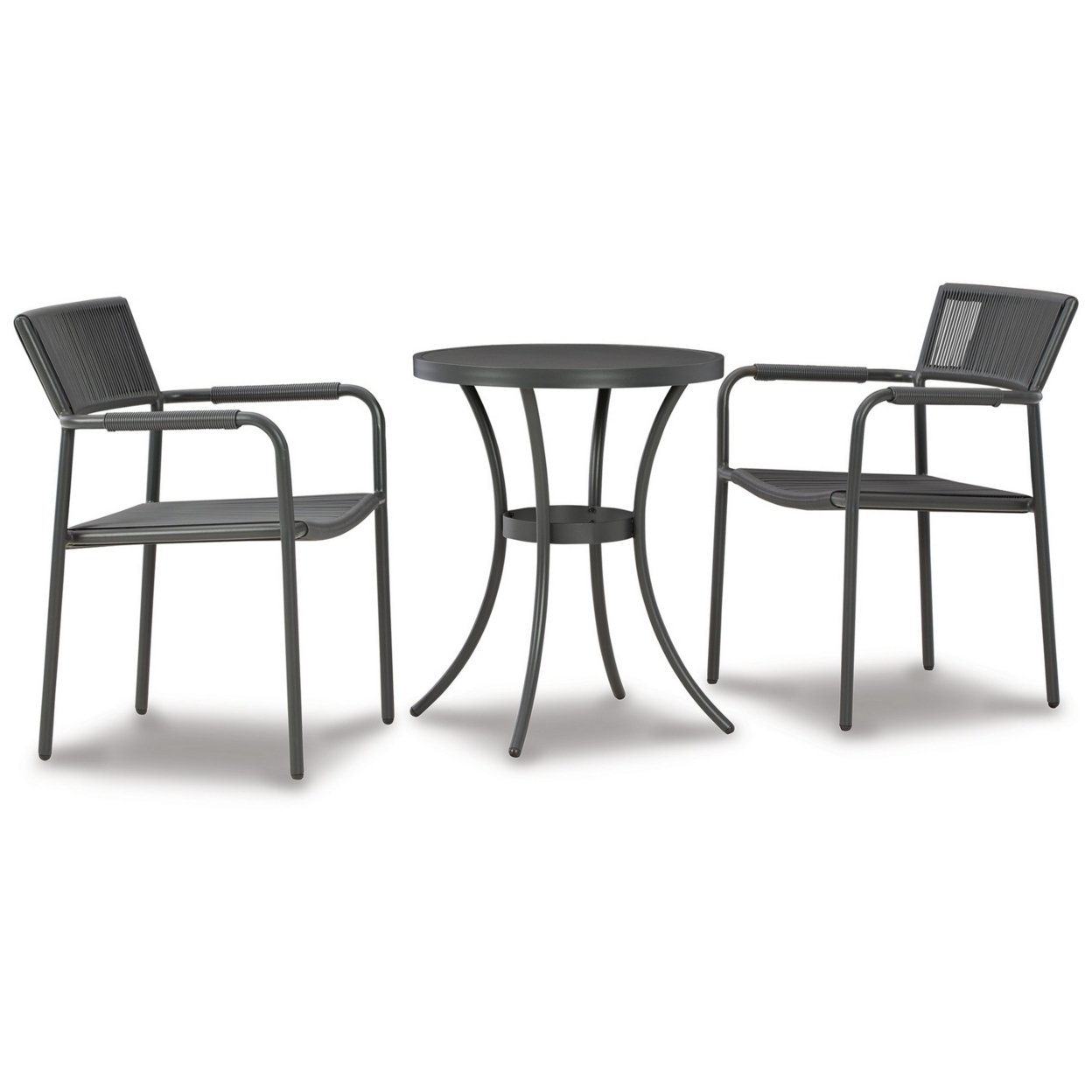3 Piece Outdoor Table And Chair Set, Gray Steel Frame, Woven Resin Wicker