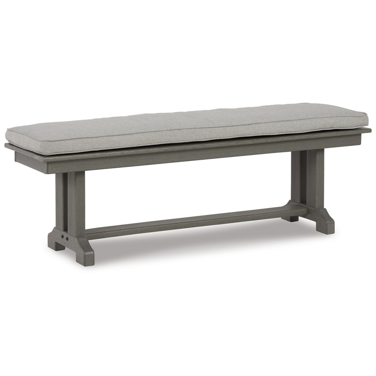 Vrai 54 Inch Outdoor Bench, Gray Wood Frame, Trestle Base, Cushioned Seat