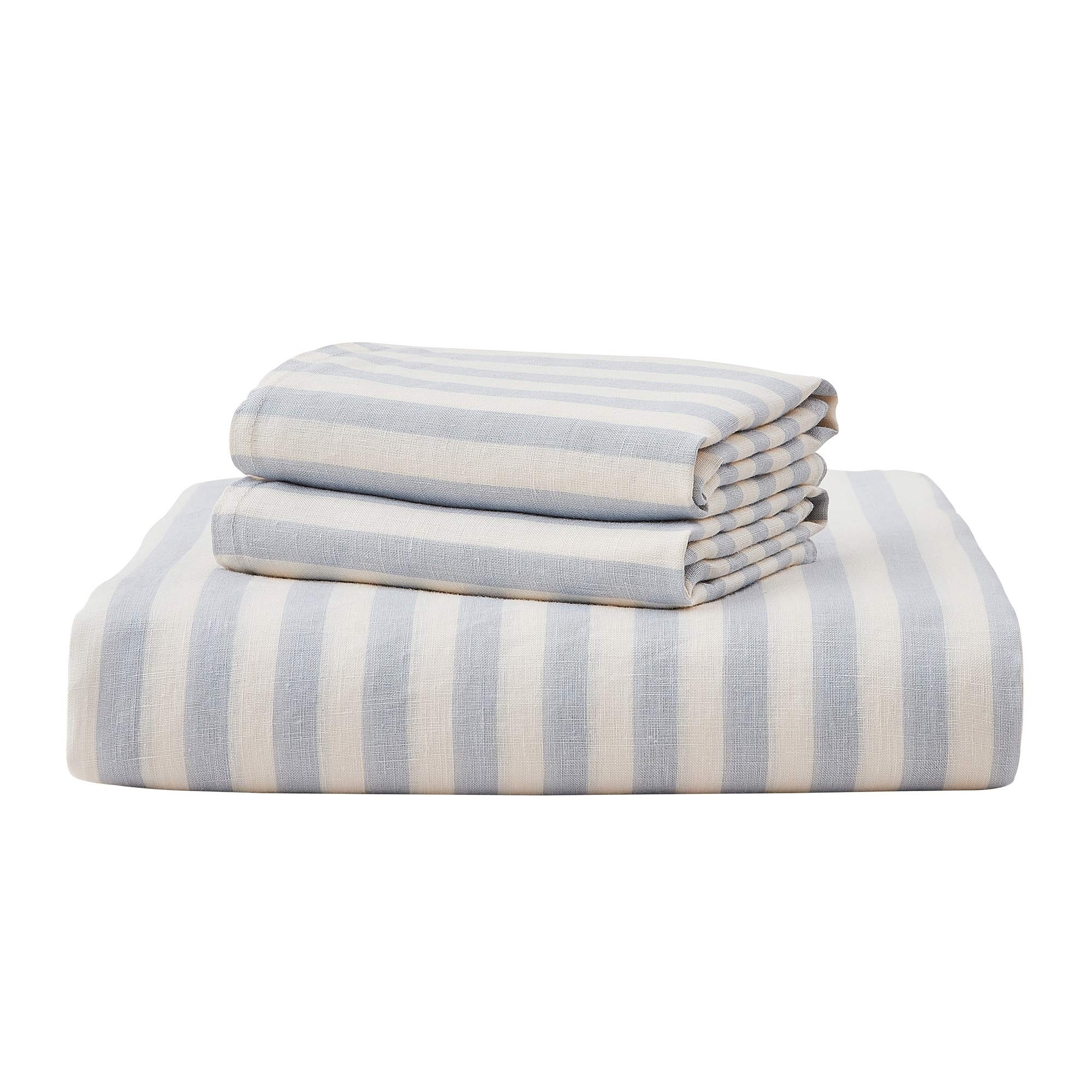 King Size Washed Linen Duvet Cover With Shams, Stripe Design, 3 Piece Bedding Duvet Cover Set - Light Gray