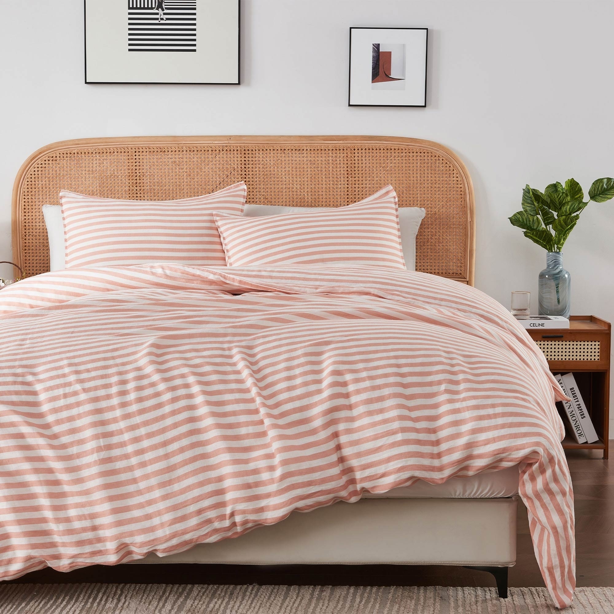 Queen Size Washed Flax Linen Duvet Cover With Shams, Stripe Design, 3 Piece Bedding Duvet Cover Set - Coral