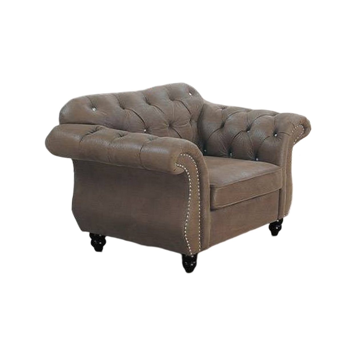 Rima 51 Inch Classic Accent Chair, Velvet Upholstery, Rolled Arms, Brown