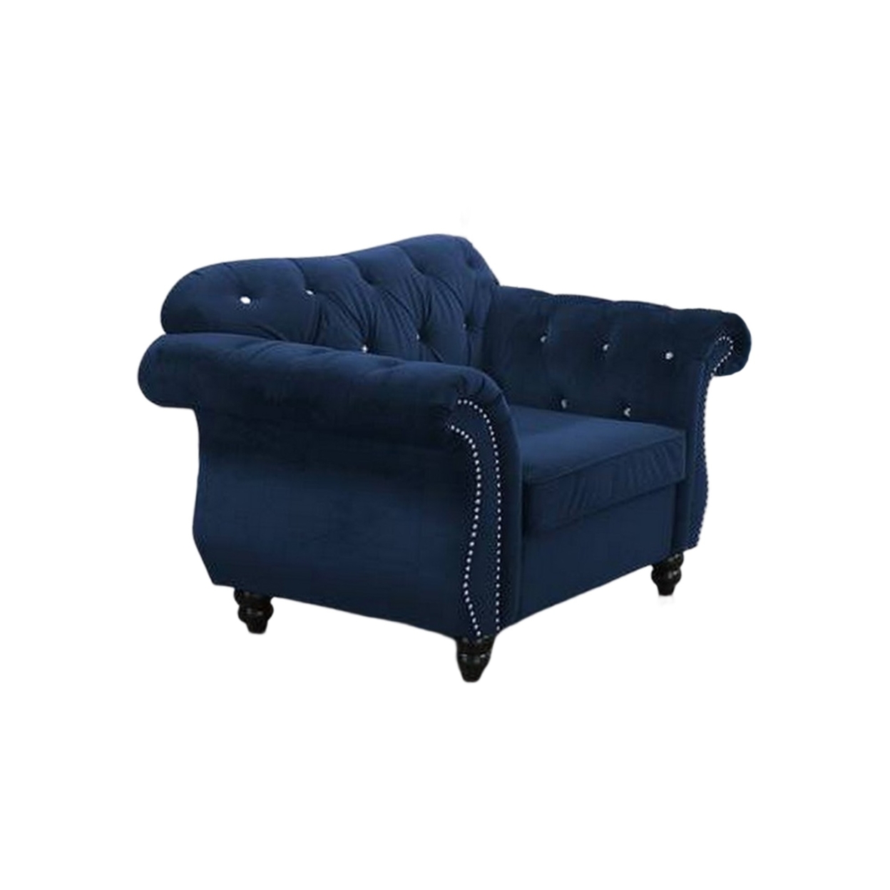 Rima 51 Inch Classic Accent Chair, Velvet Upholstery, Rolled Arms, Indigo