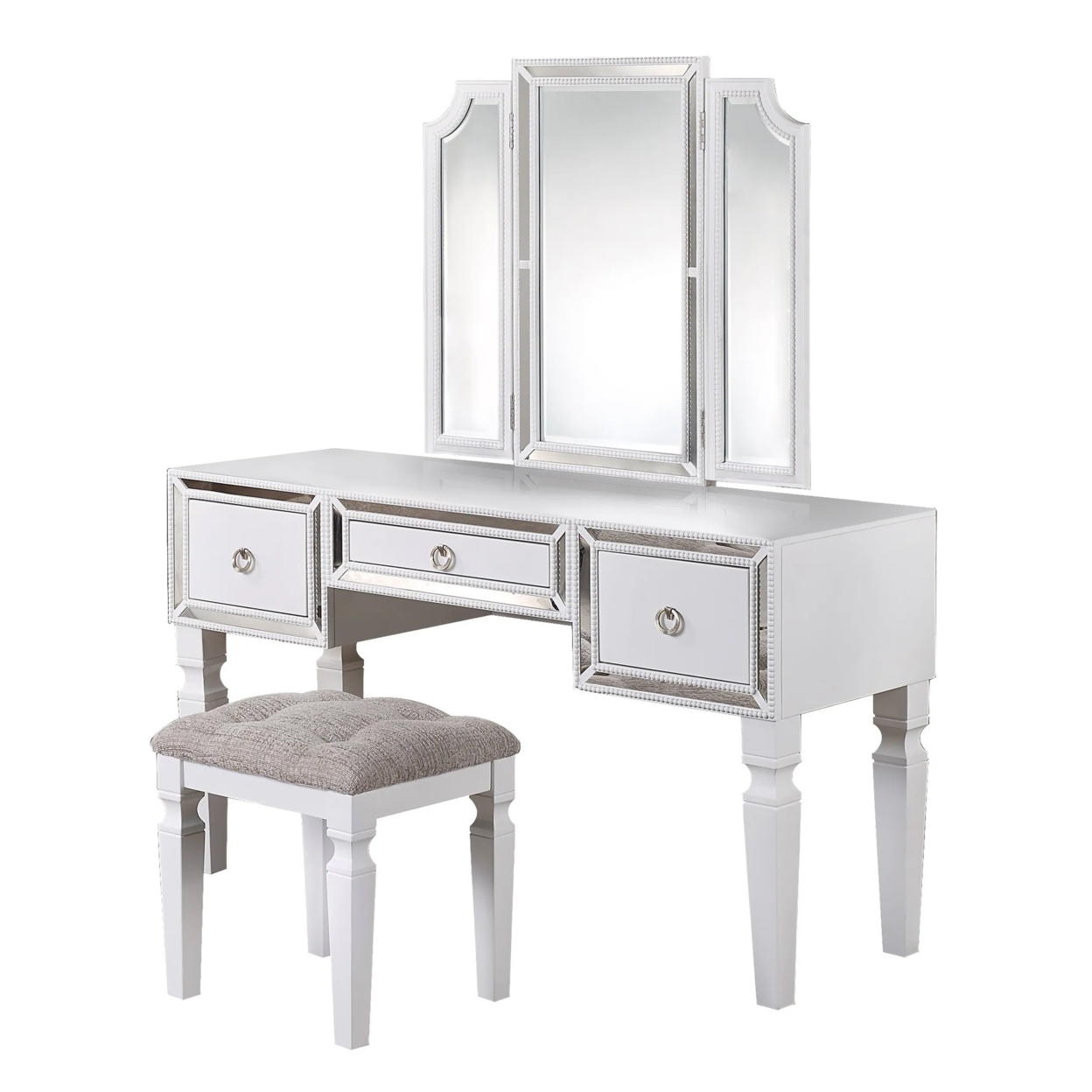 Thuy 60 Inch Vanity Desk Set, Upholstered Stool, Trifold Mirror, White
