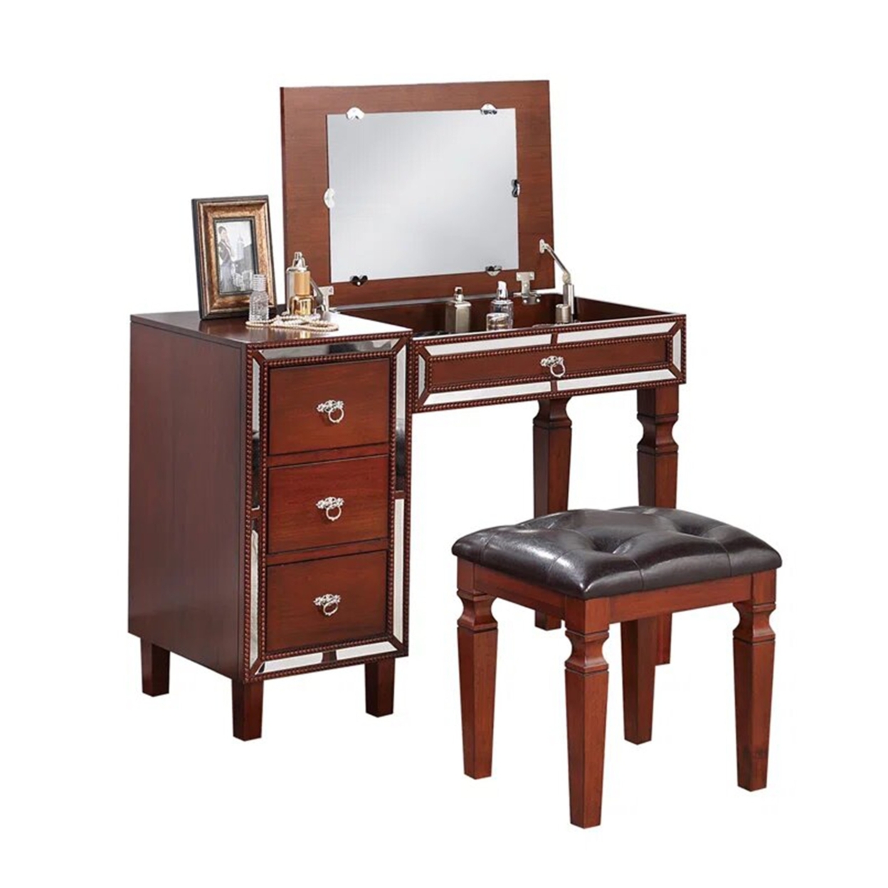 Sosi 47 Inch Vanity Desk Set With Stool, 3 Mirror Inlaid Drawers, Brown