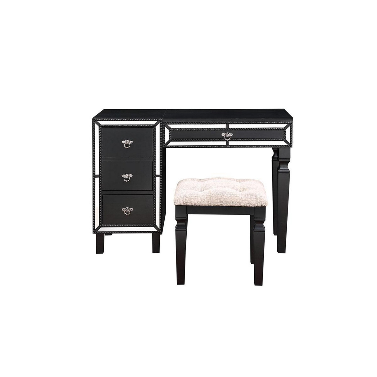 Sosi 47 Inch Vanity Desk Set, Padded Stool, 3 Mirror Inlaid Drawers, Black