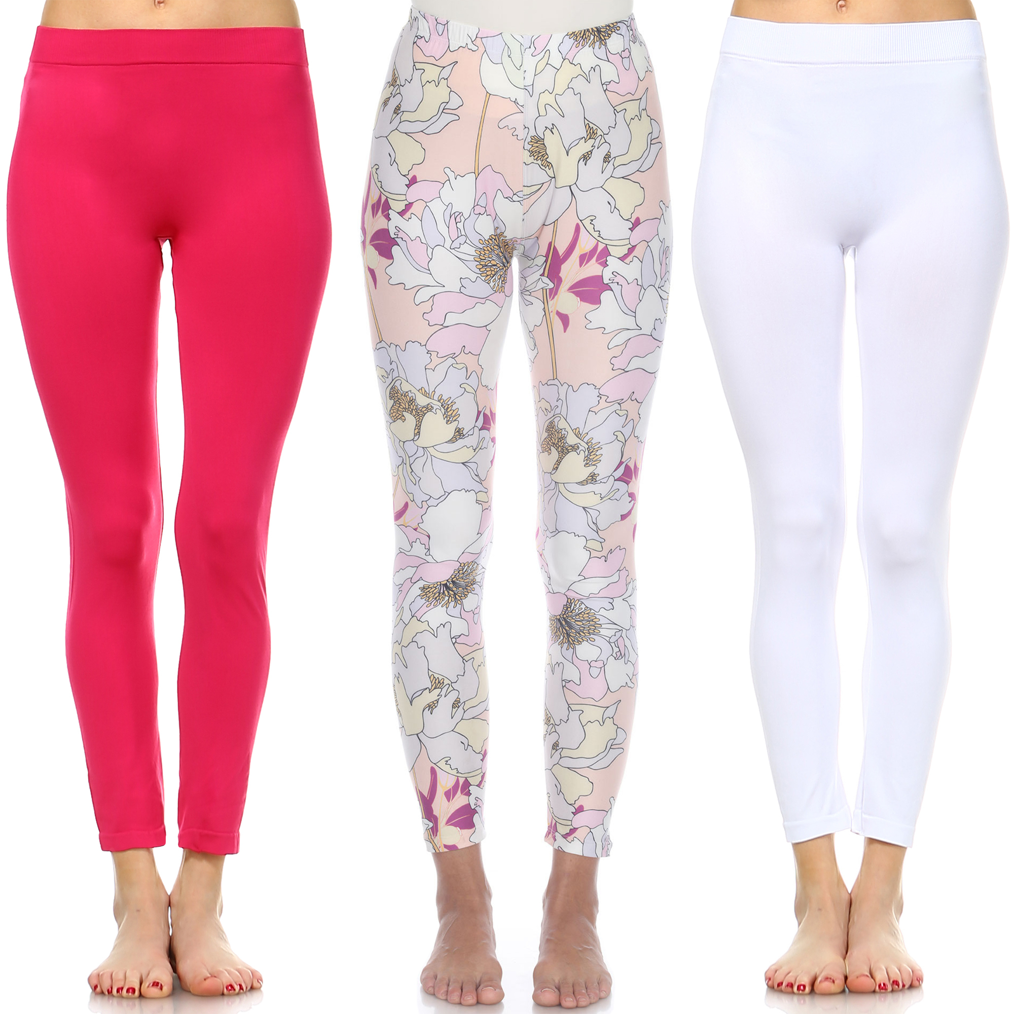 White Mark Womenâs Pack Of 3 Leggings - White, Fuchsia, Coral Pink Flower, One Size (Missy)