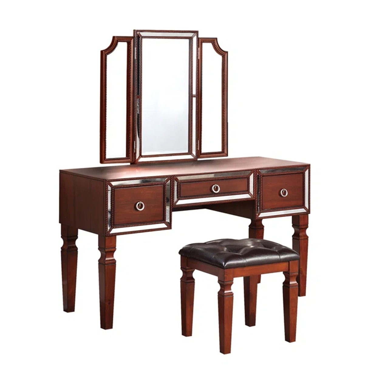 Thuy 60 Inch Vanity Desk Set, Upholstered Stool, Trifold Mirror, Brown