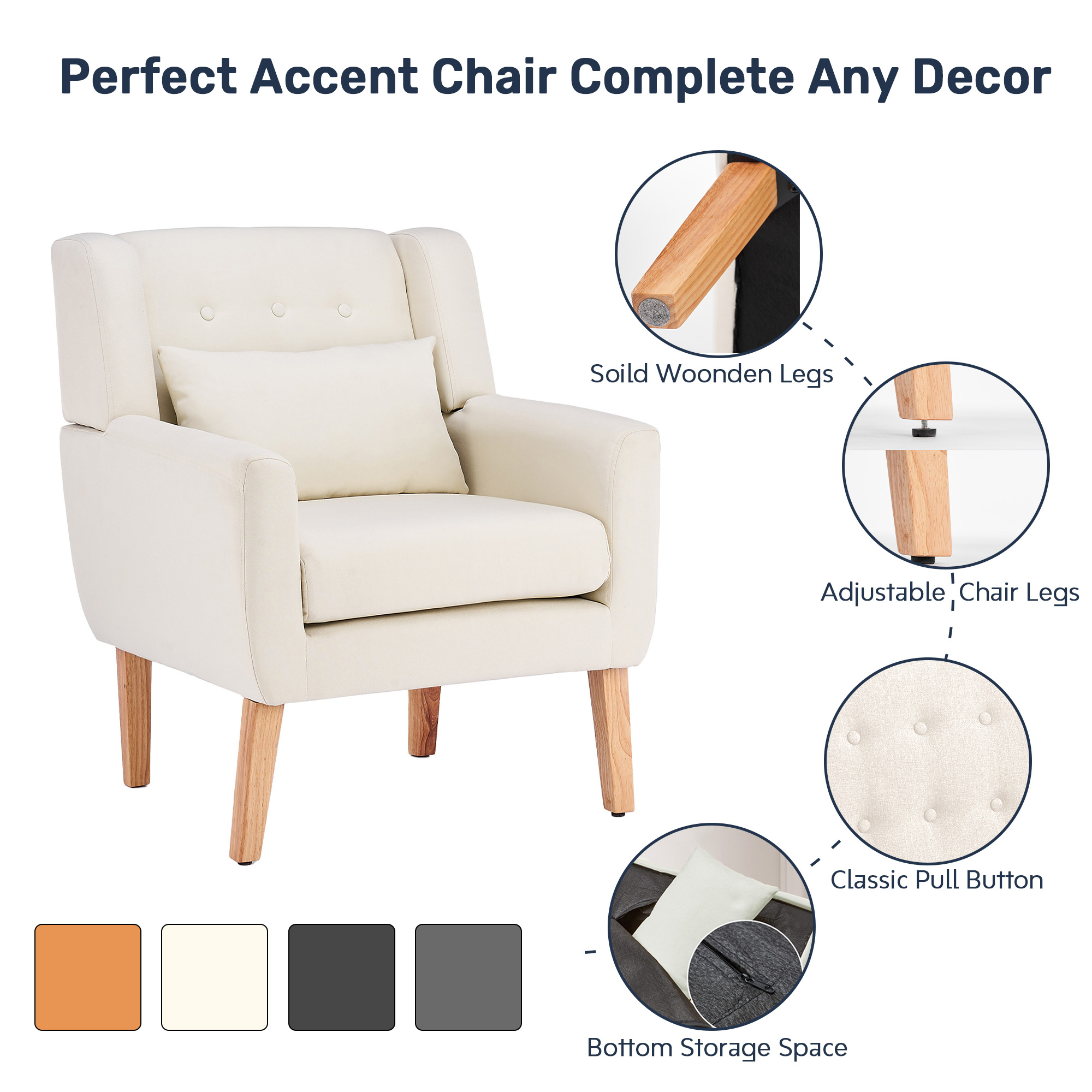 Solid Upholstered Accent Chair With Flared Armrests And Wooden Legs, Single Sofa Armchair - Cream