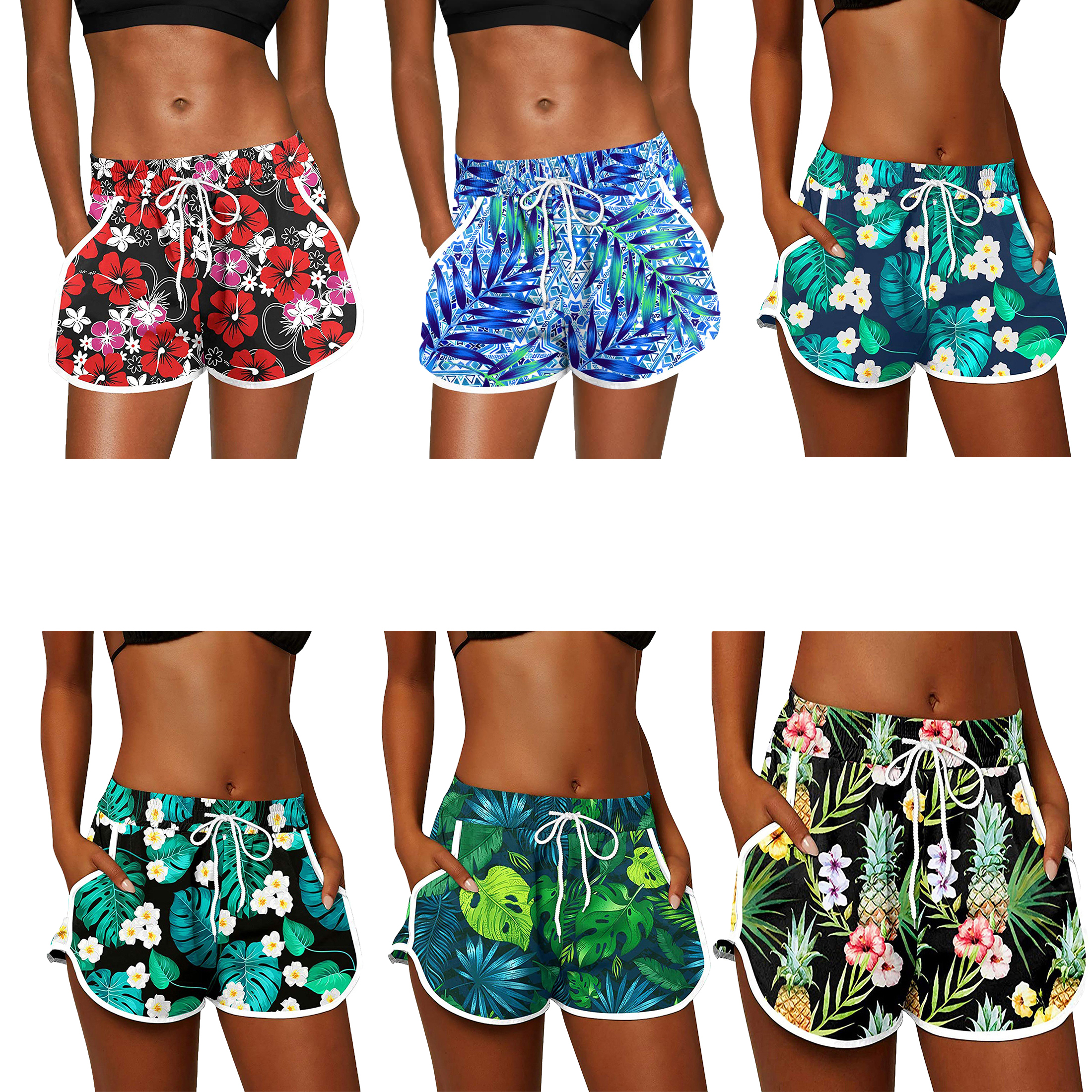 2-Pack Women's Floral Printed Shorts Elastic Waist Drawstring Summer Lounge Wear Pants Casual Dolphin Shorts With Pockets Quick Dry - S