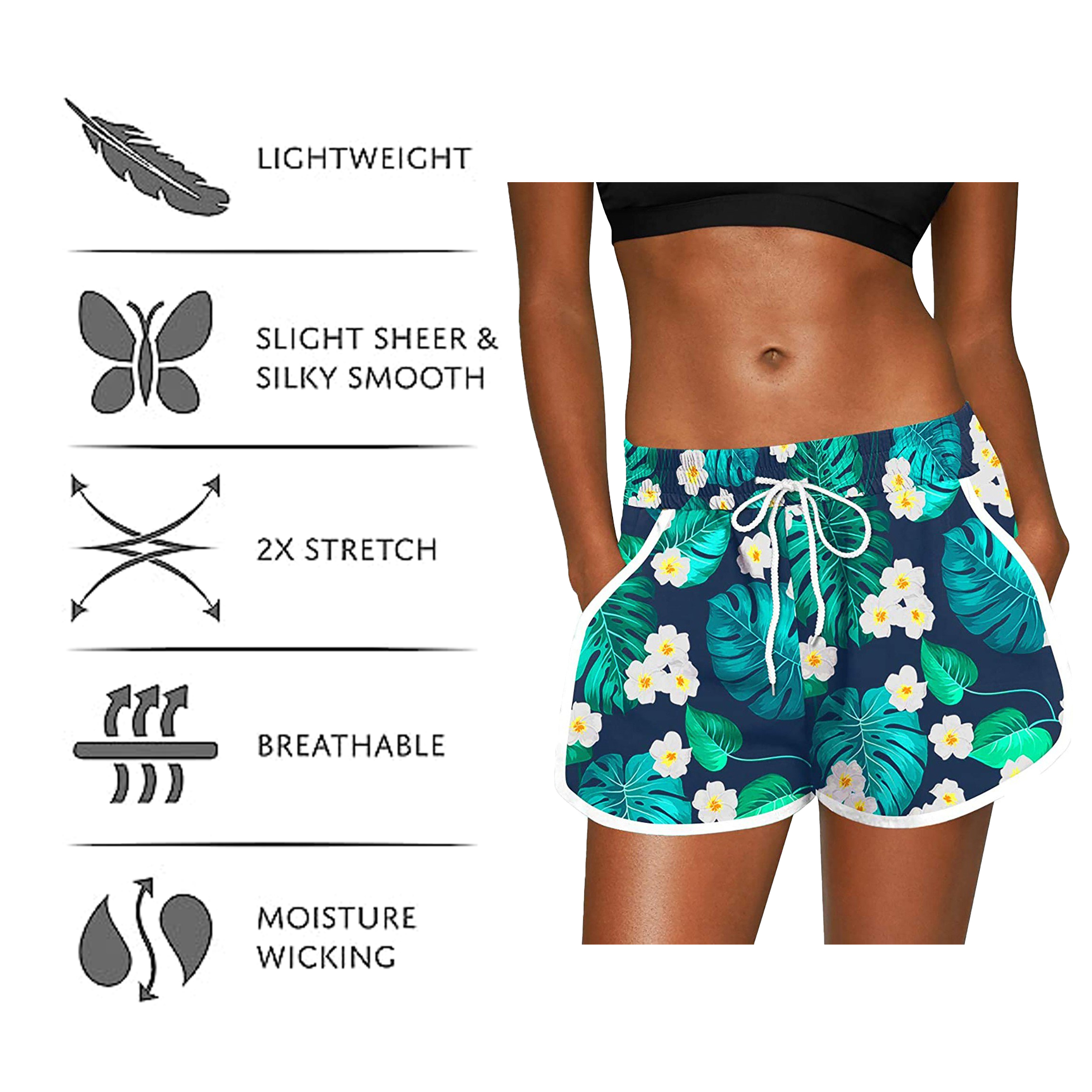 2-Pack Women's Floral Printed Shorts Elastic Waist Drawstring Summer Lounge Wear Pants Casual Dolphin Shorts With Pockets Quick Dry - M