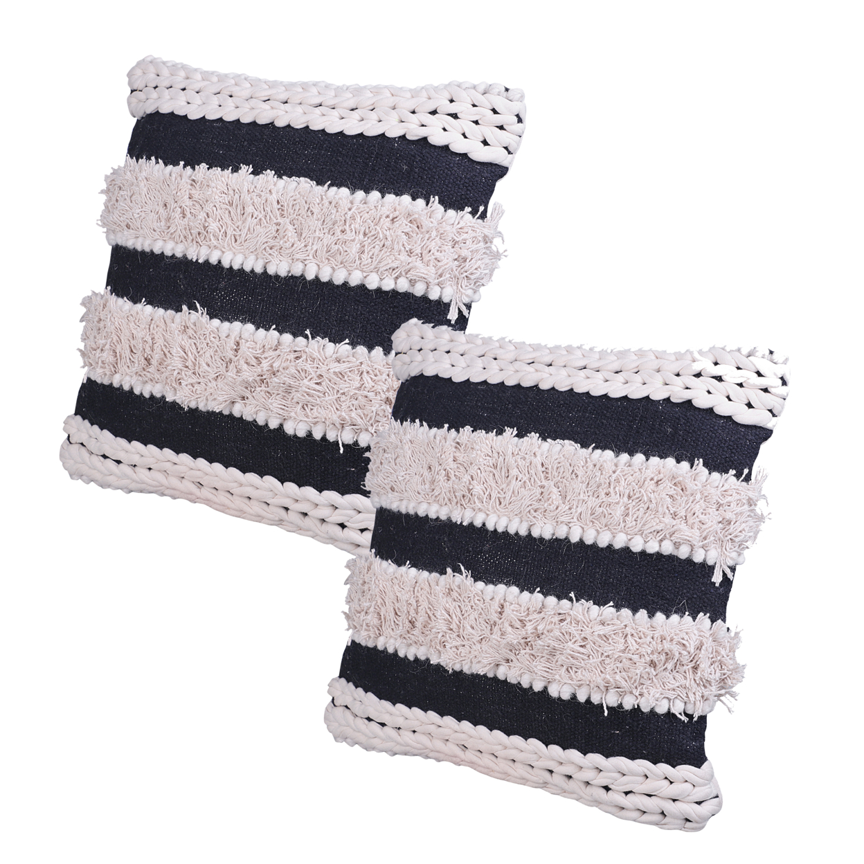 Adiv 18 X 18 Handcrafted Shaggy Cotton Accent Throw Pillows, Handknit Yarn, Set Of 2, White, Black