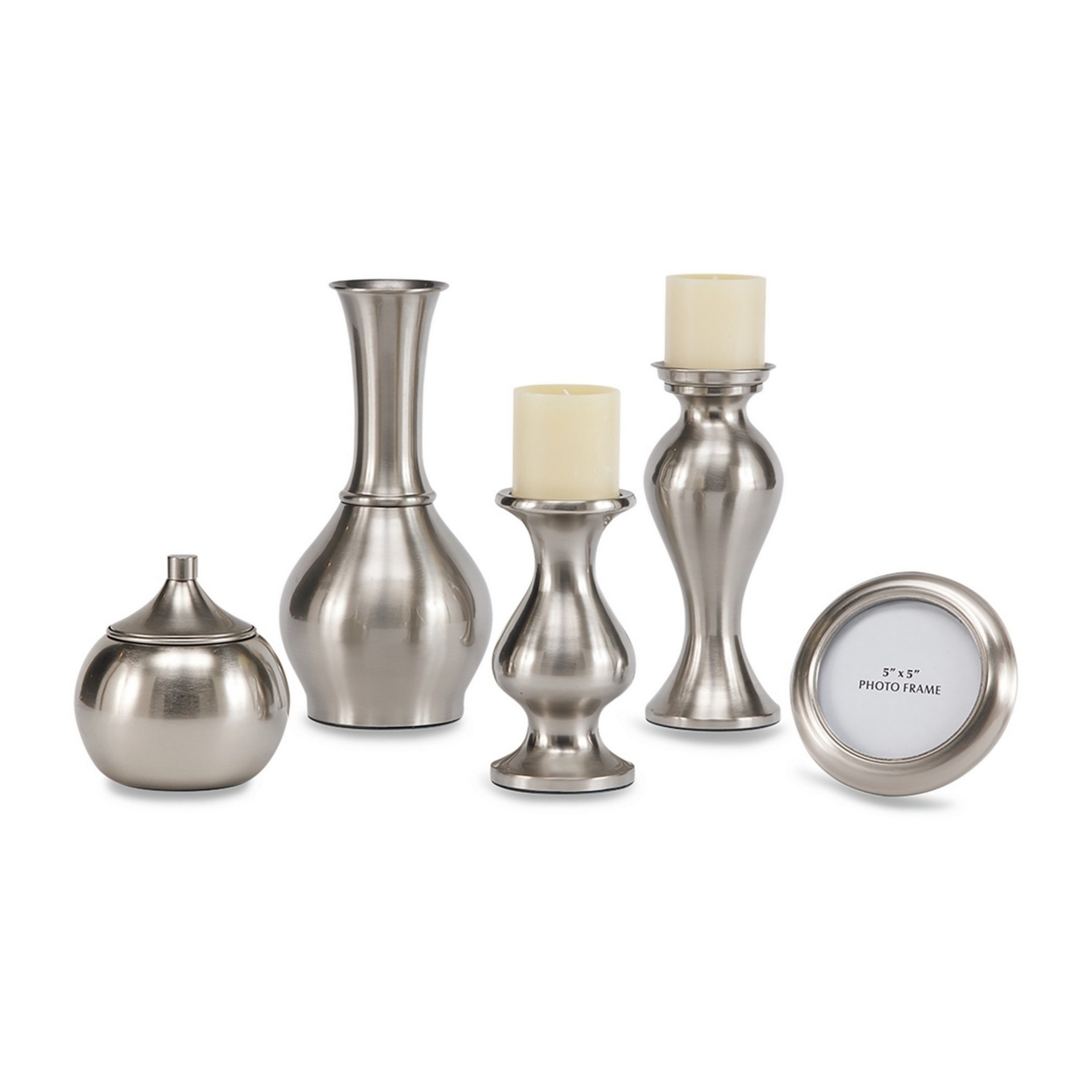 Decorative Metal Accessory Set, Set Of 5 Items, Brushed Silver Finish