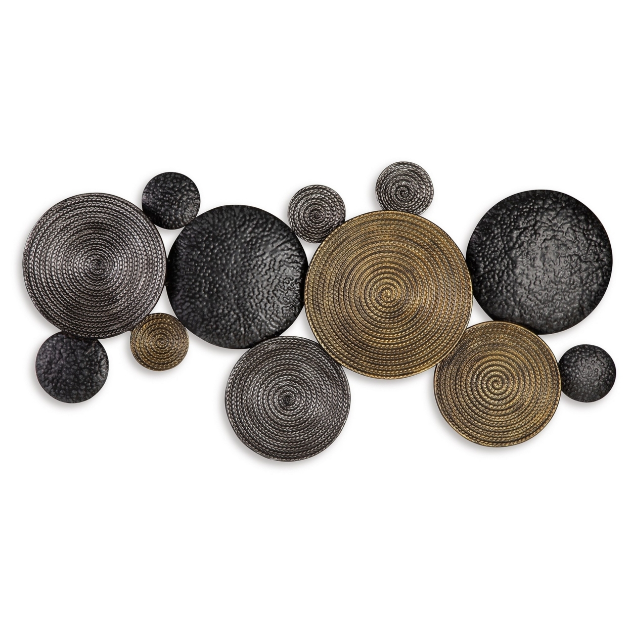 44 Inch Wall Decor, Multiple Circles, Hammered Spiral Texture, Bronze, Black