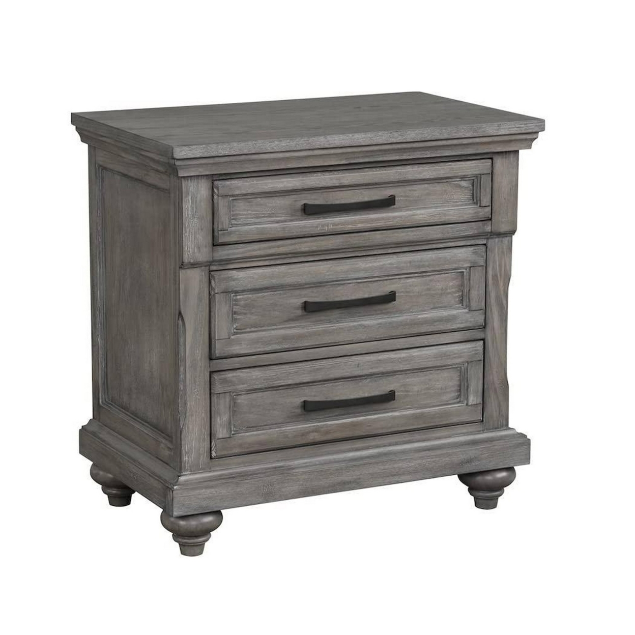 Demi 29 Inch Wood Nighstand With 3 Drawers, Metal Bar Handles, Oak Gray