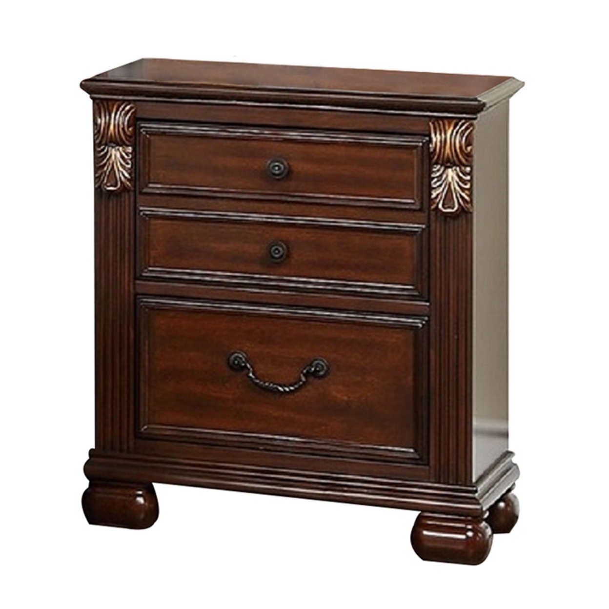 Miri 25 Inch 3 Drawer Nightstand, Brass Carved Accents, Cherry Oak Brown