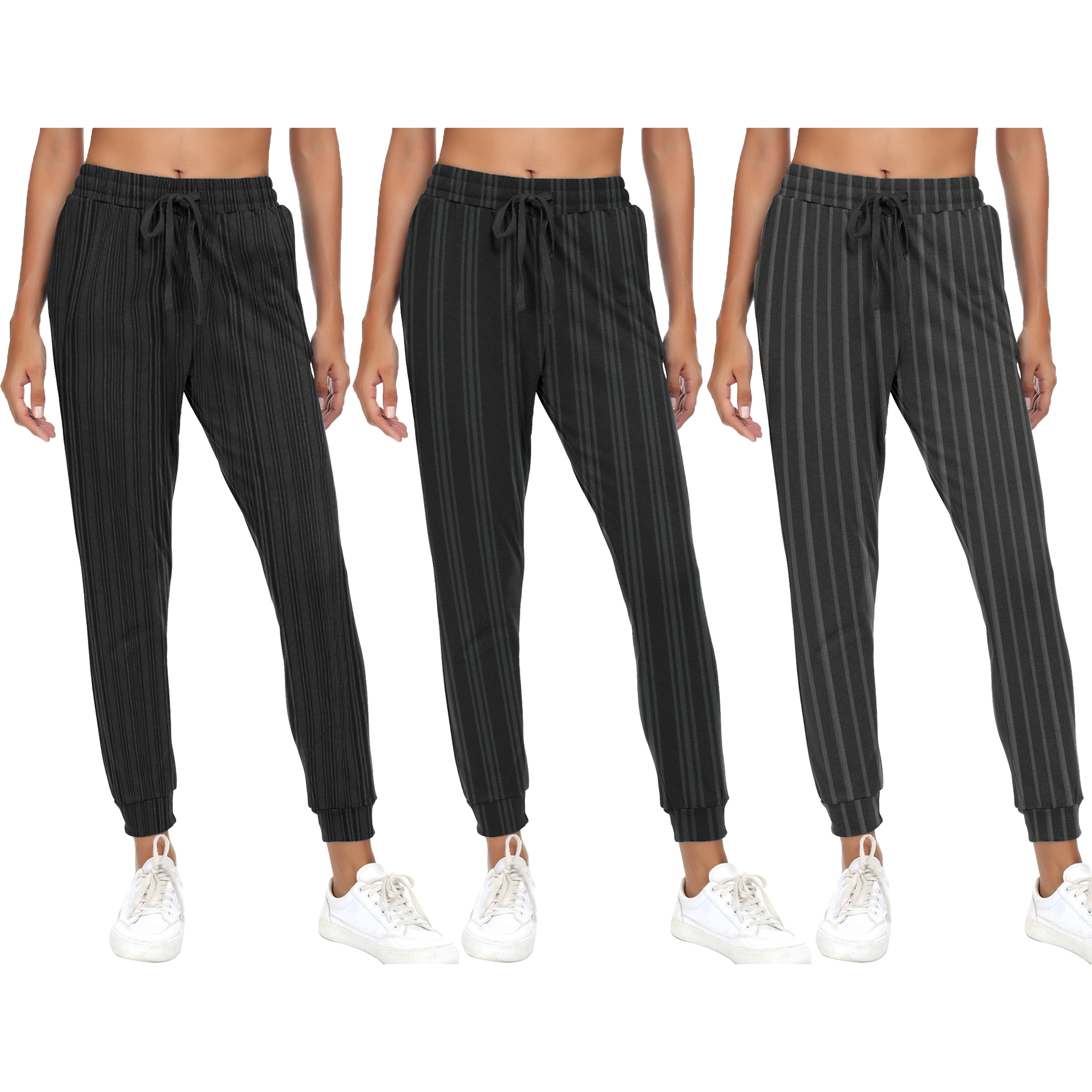 2-Pack Women's Striped Jogger Sweatpants With Pocket Drawstring Elastic Waist- Soft Breathable Casual Active Lounge Wear Ladies Track Pants