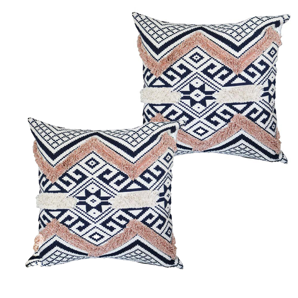 18 X 18 Handcrafted Square Jacquard Cotton Accent Throw Pillow, Geometric Tribal Pattern, Set Of 2, White, Black, Beige