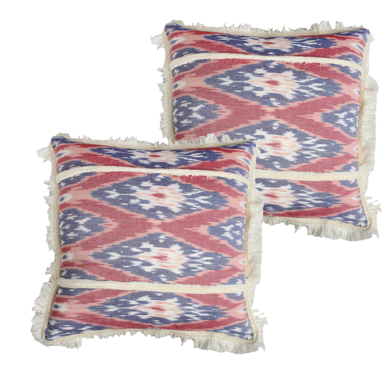 18 X 18 Handcrafted Square Cotton Accent Throw Pillow, Floral Ikat Dyed Pattern, Fringe Accent, Set Of 2, Multicolor