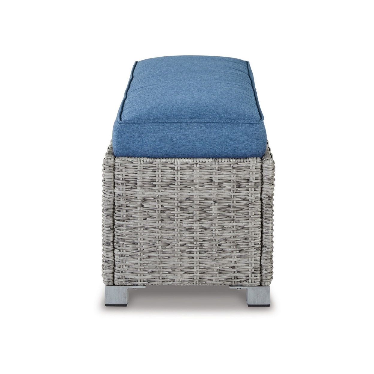 50 Inch Bench, Gray All Weather Resin Wicker Frame, Blue Polyester Fabric- Saltoro Sherpi