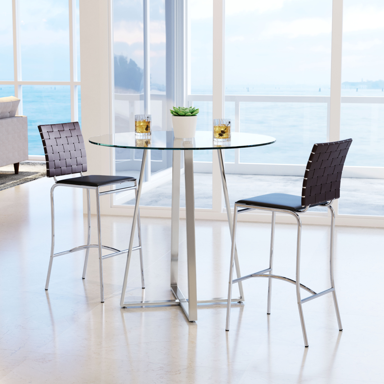 Zuo Modern Criss Cross Bar Stools in White and Silver (Set of 2)