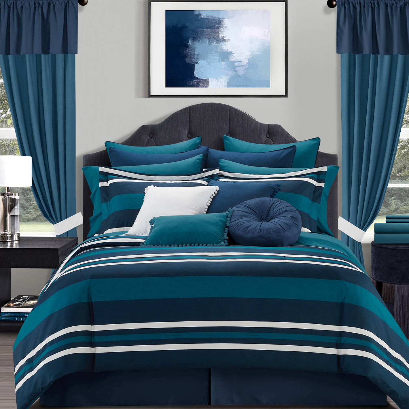 Heriberto 30 Piece Comforter Set Striped Tone On Tone Design Bed In A Bag Bedding - Navy, King