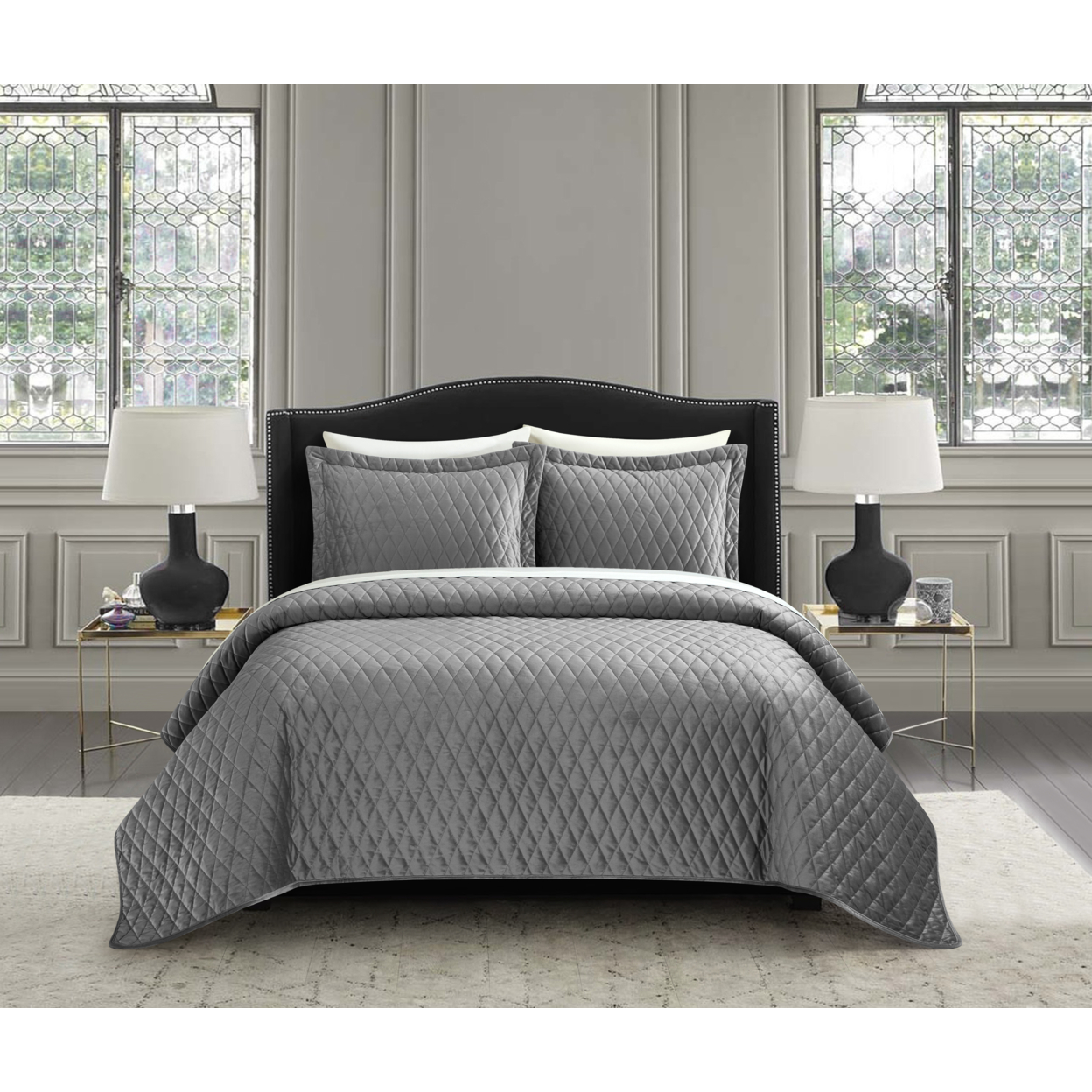 NY&C Home Dafa 3 Piece Velvet Quilt Set Diamond Stitched Pattern Bedding - Grey, King