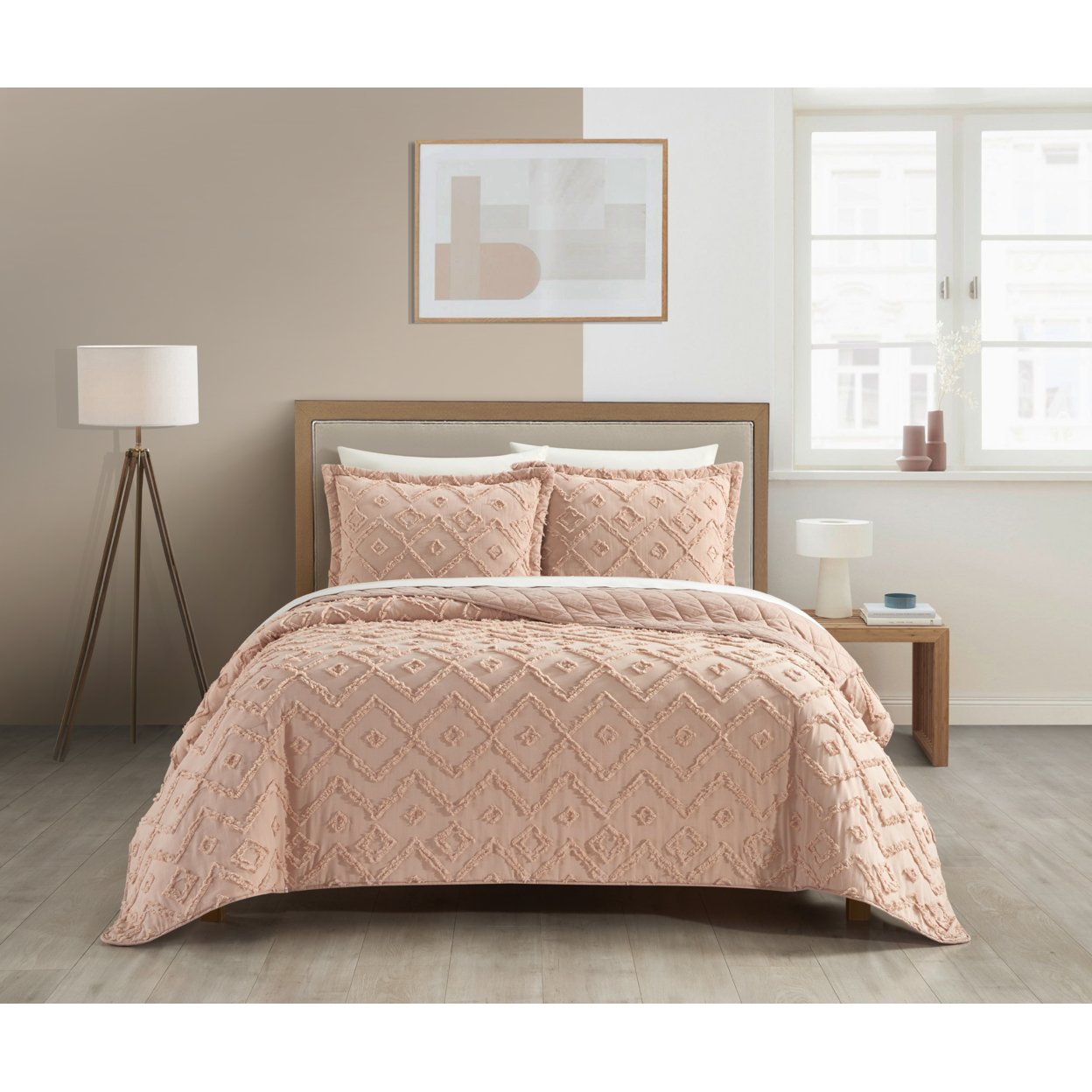 NY&C Home Dody 3 Piece Cotton Quilt Set Clip Jacquard Geometric Pattern Bedding - Dusty Rose, King