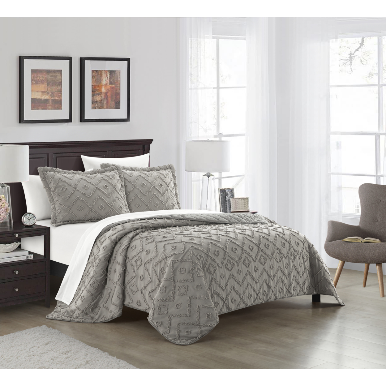 NY&C Home Dody 3 Piece Cotton Quilt Set Clip Jacquard Geometric Pattern Bedding - Beige, Queen