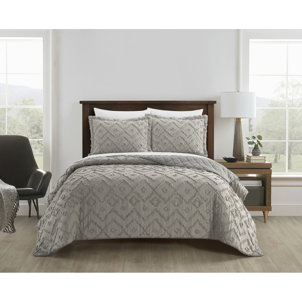 NY&C Home Dody 3 Piece Cotton Quilt Set Clip Jacquard Geometric Pattern Bedding - Grey, Queen