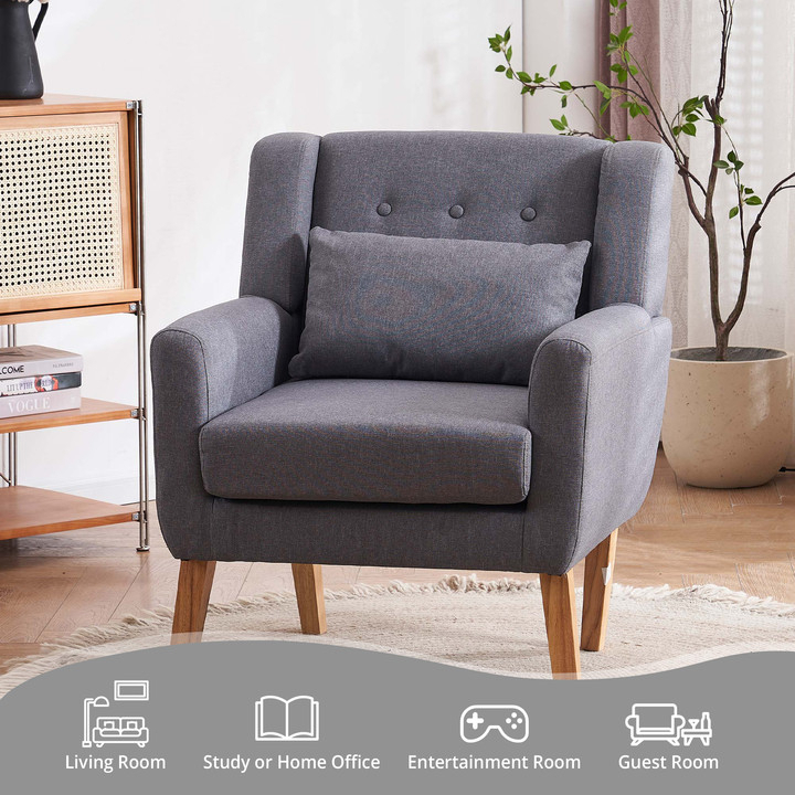 Solid Upholstered Accent Chair With Flared Armrests And Wooden Legs, Single Sofa Armchair - Dark Gray