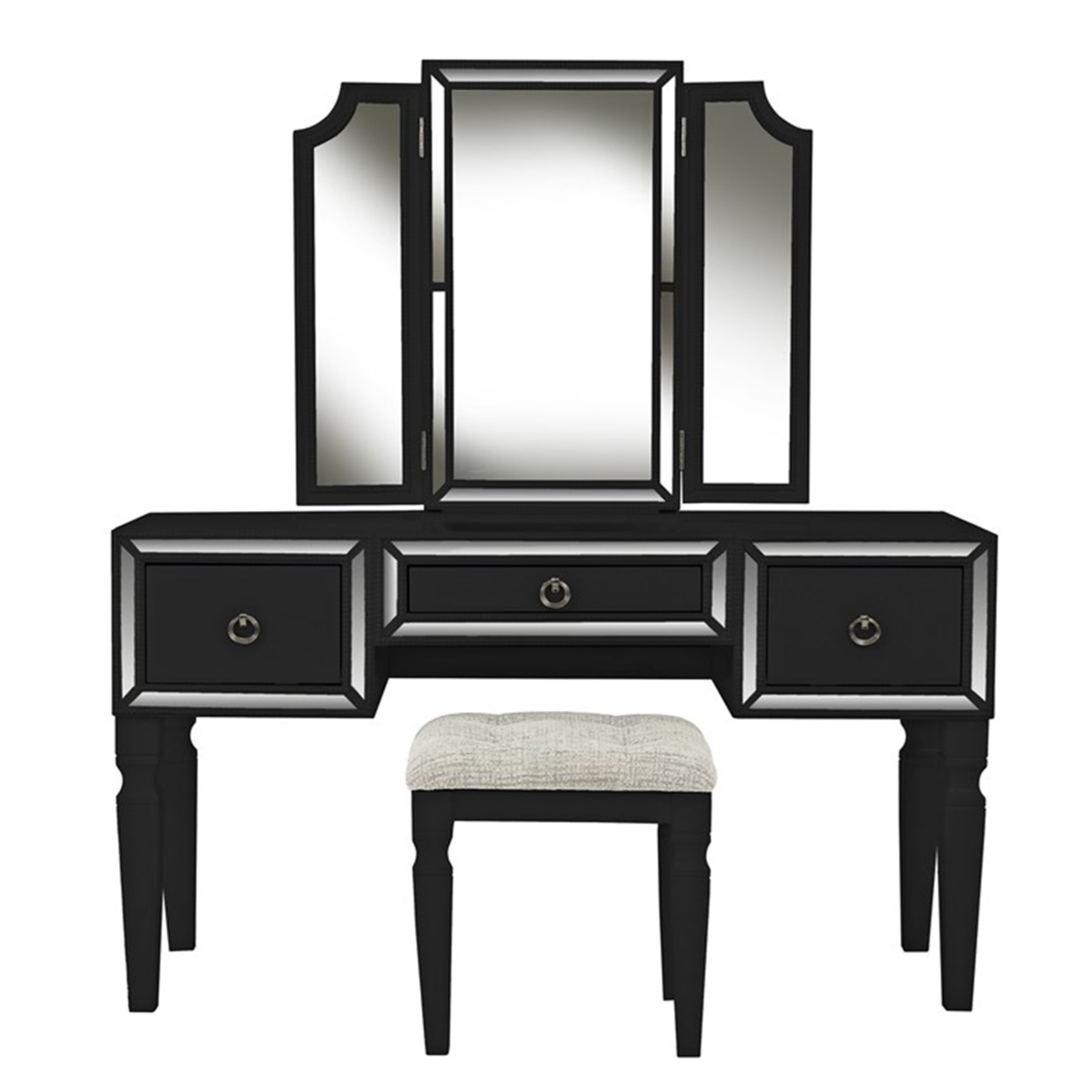 Thuy 60 Inch Vanity Desk Set, Upholstered Stool, Trifold Mirror, Black