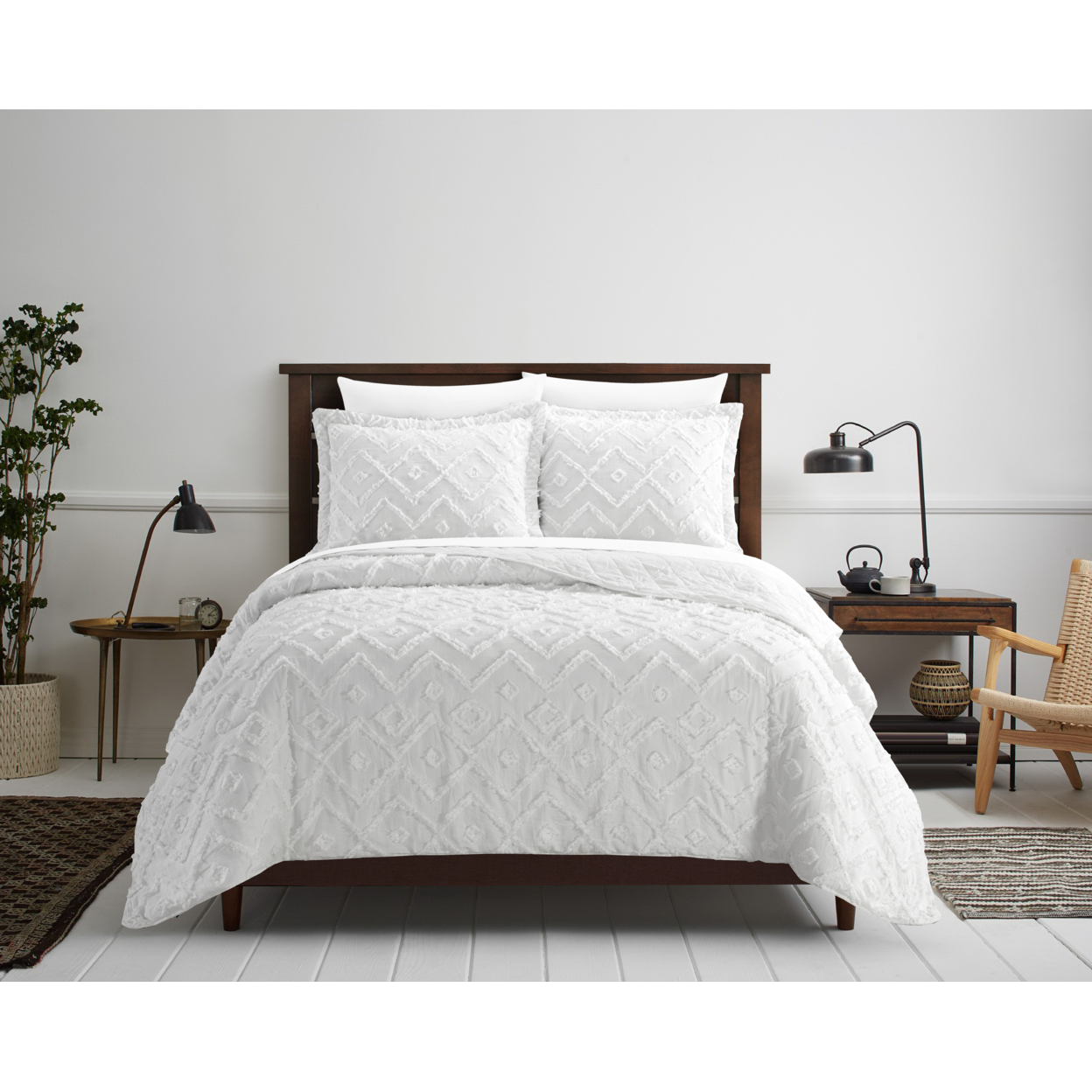 NY&C Home Dody 3 Piece Cotton Quilt Set Clip Jacquard Geometric Pattern Bedding - White, Queen