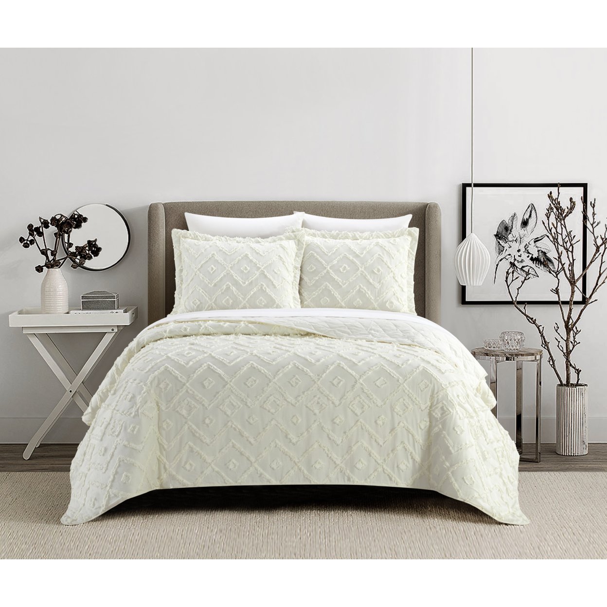 NY&C Home Dody 3 Piece Cotton Quilt Set Clip Jacquard Geometric Pattern Bedding - Beige, King