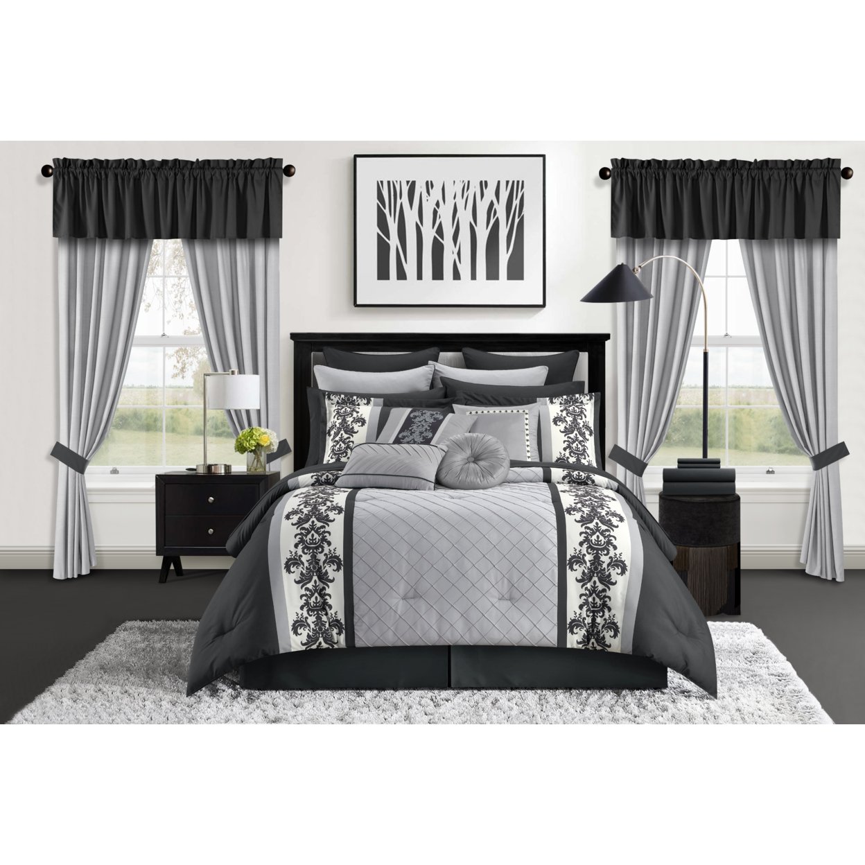 Dyllan 30 Piece Comforter Set Color Block Diamond Stitched Printed Scroll Bed In A Bag Bedding - Grey, King