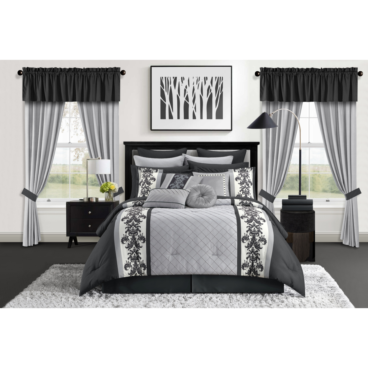 Dyllan 30 Piece Comforter Set Color Block Diamond Stitched Printed Scroll Bed In A Bag Bedding - Grey, Queen