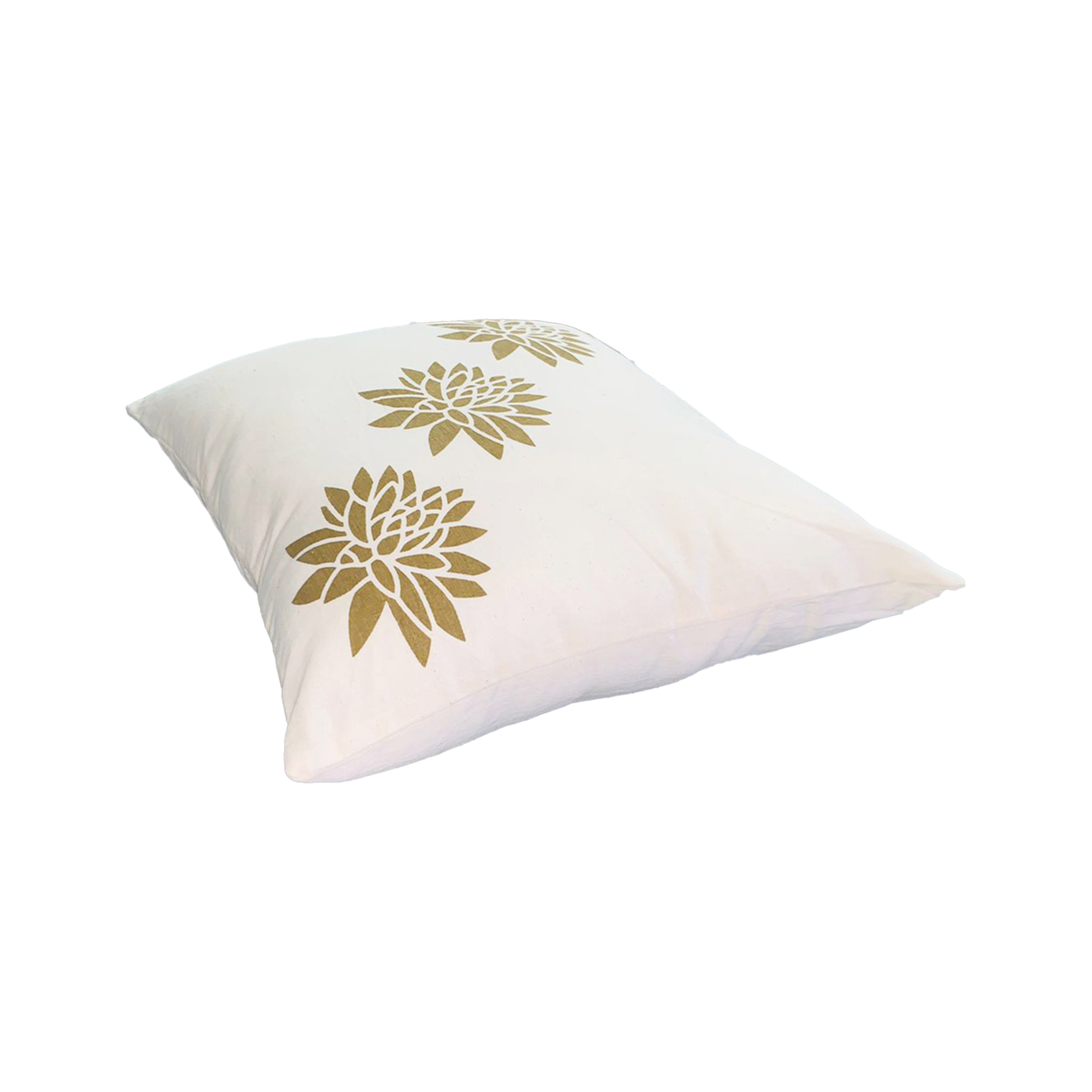 18 X 18 Square Accent Pillows, Soft Cotton Cover, Printed Lotus Flower, Set Of 2, Gold, White