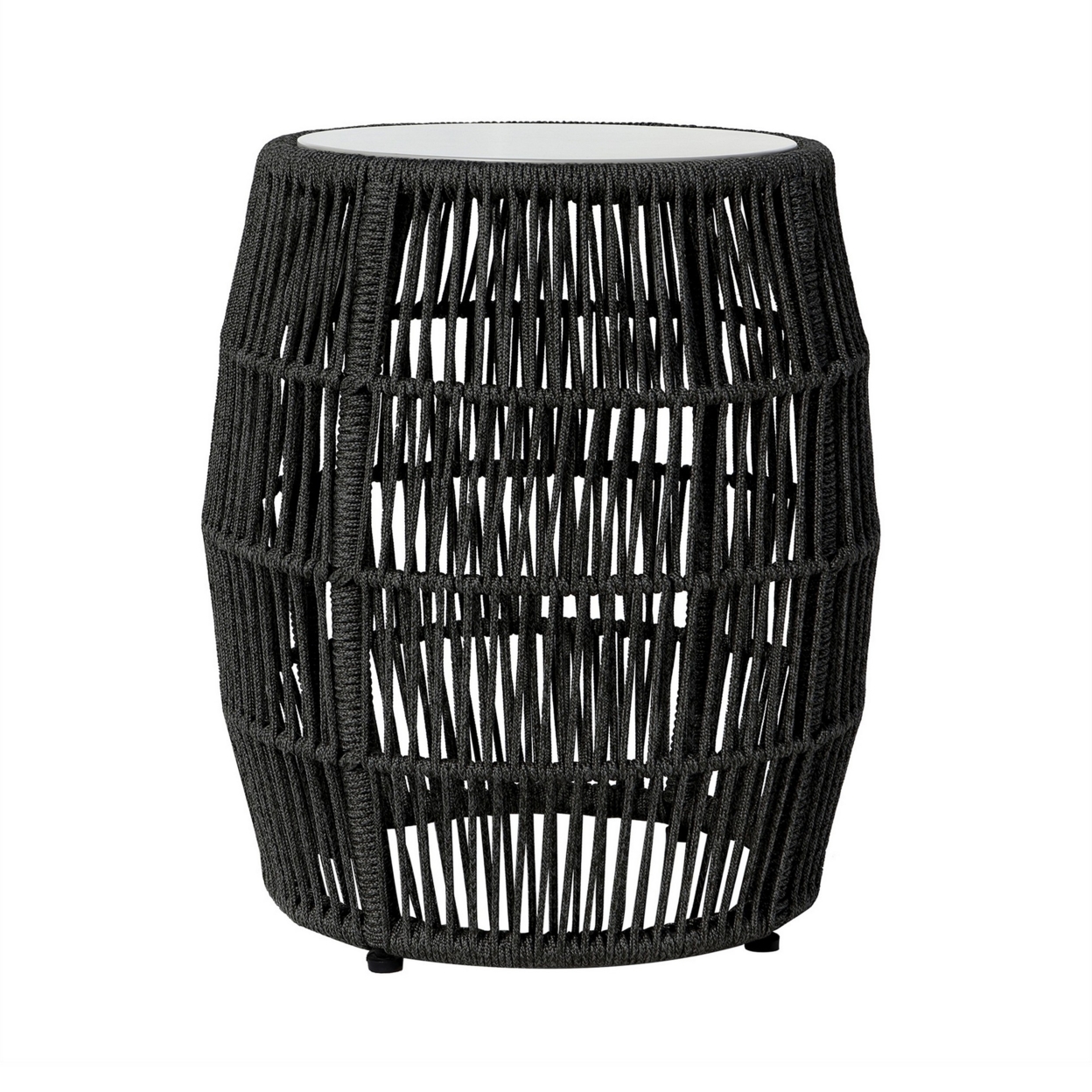 Gip 22 Inch Indoor Outdoor End Table, Round Stone Top, Woven Rope, Black- Saltoro Sherpi