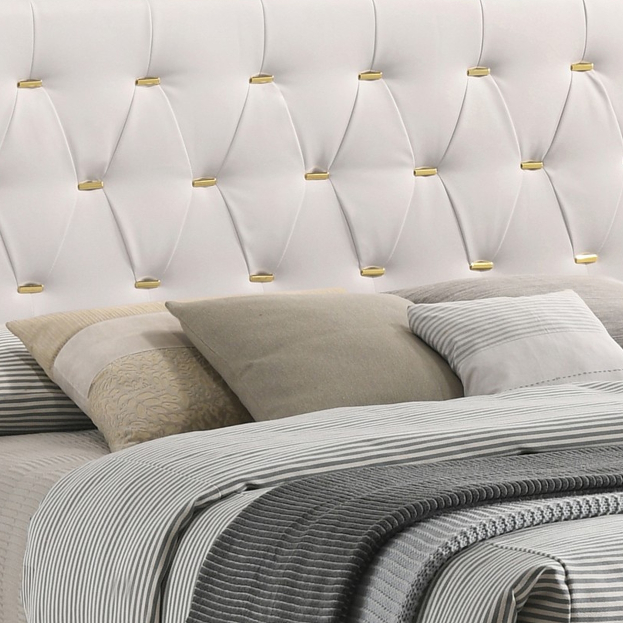 Lif Platform Queen Size Bed, Panel Tufted Headboard, Gold Legs White Velvet- Saltoro Sherpi
