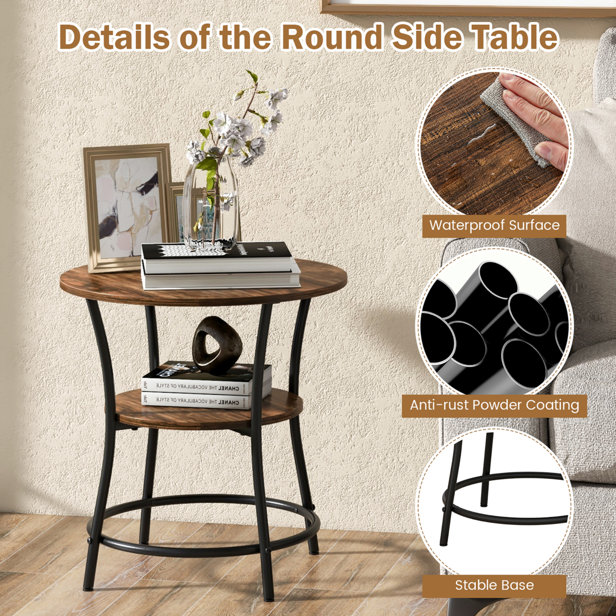 2-Tier Side Table Compact Round Metal Frame Coffee Table W/ Open Shelf - Brown