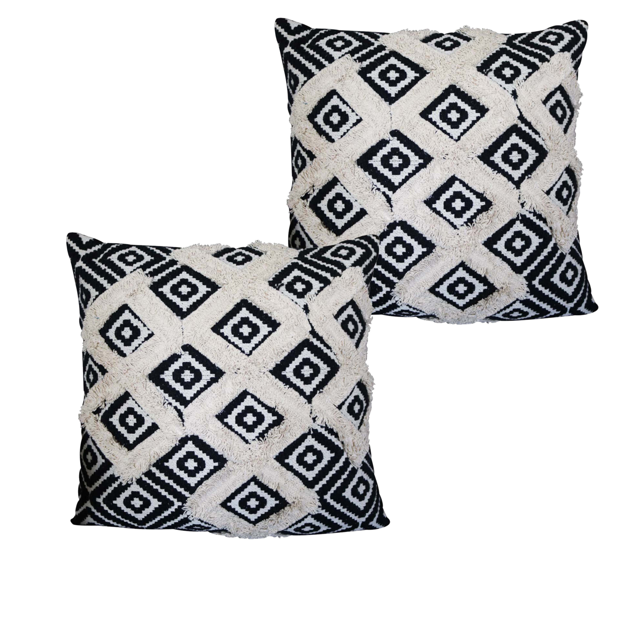 18 X 18 Handcrafted Square Jacquard Soft Cotton Accent Throw Pillow, Diamond Pattern, Set Of 2, White, Black