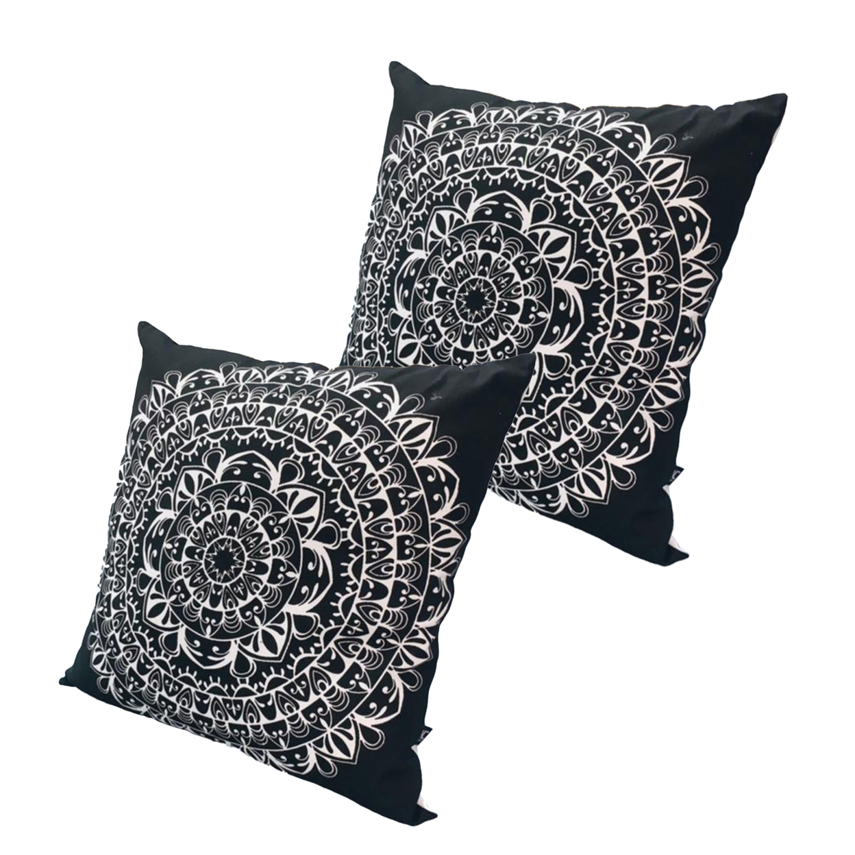 20 X 20 Square Cotton Accent Throw Pillows, Mandala Pattern, Set Of 2, Black, White