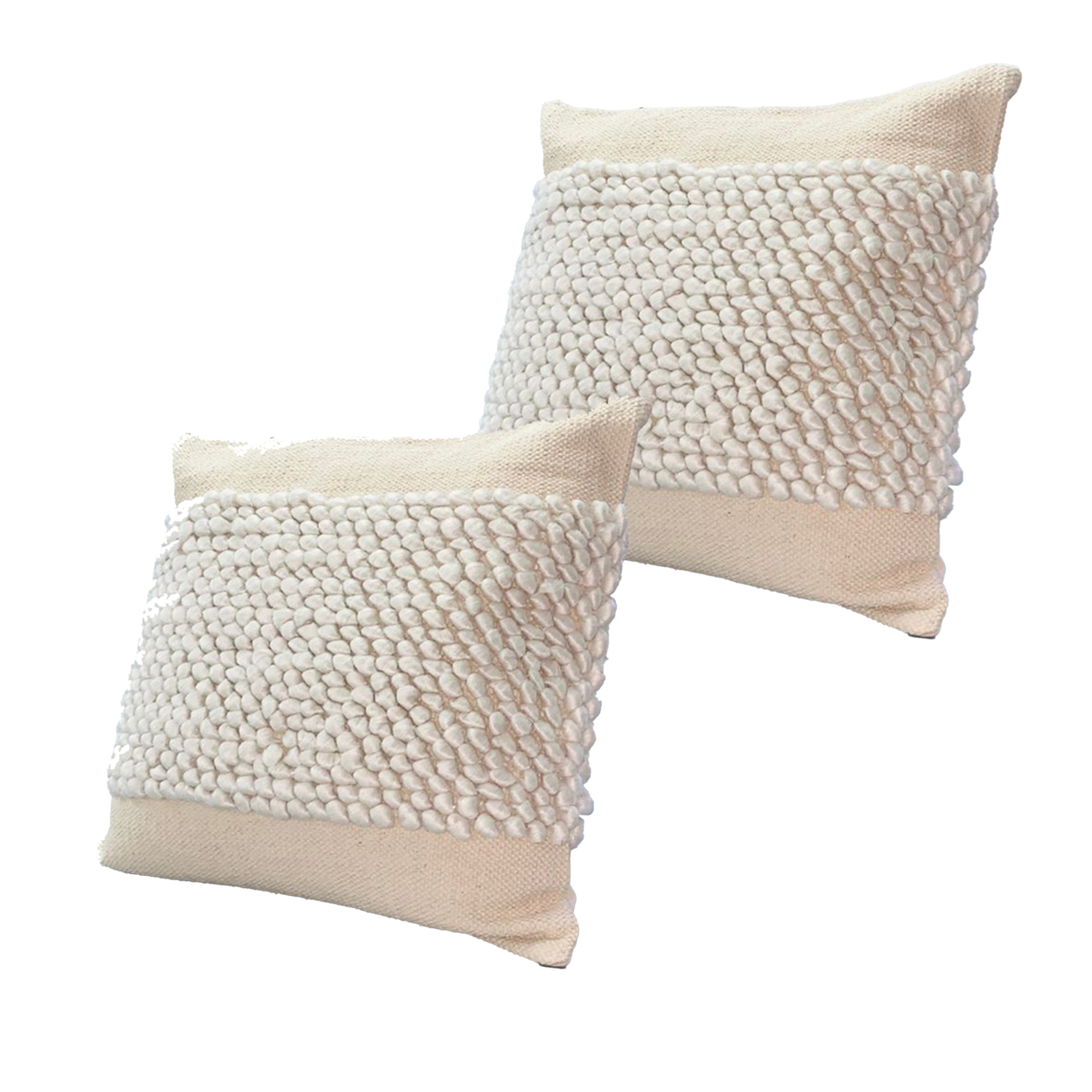 20 X 20 Square Cotton Accent Throw Pillows, Braided Patchwork, Set Of 2, White, Cream
