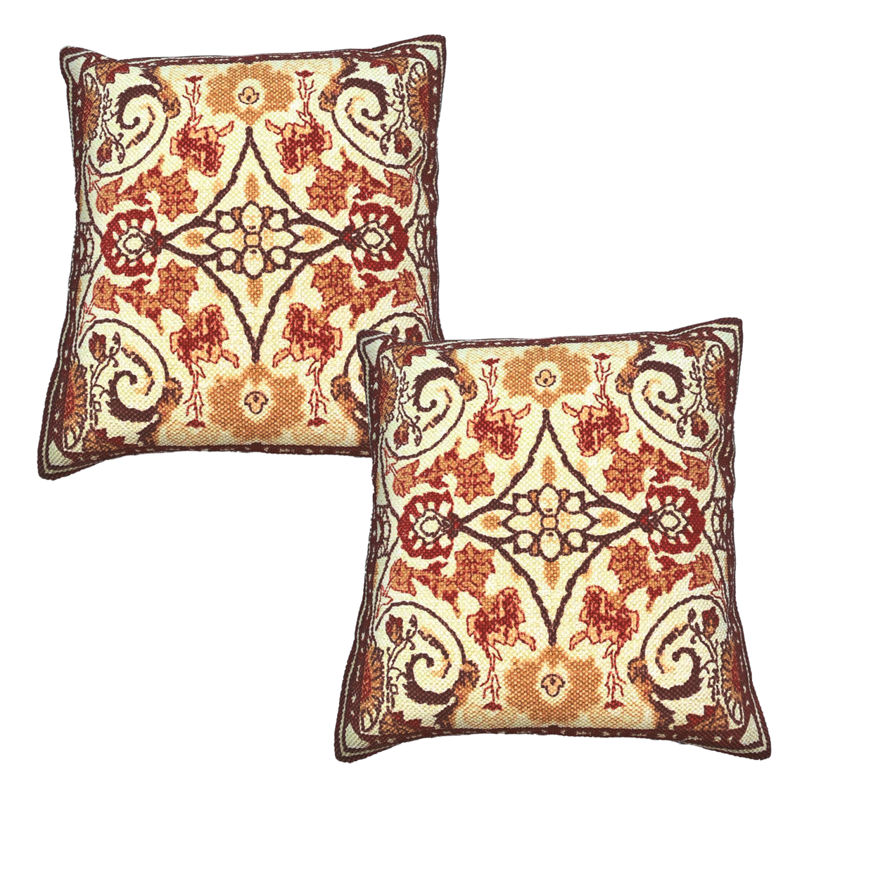 18 X 18 Square Cotton Accent Throw Pillows, Scrolled Floral Pattern, Set Of 2, Multicolor
