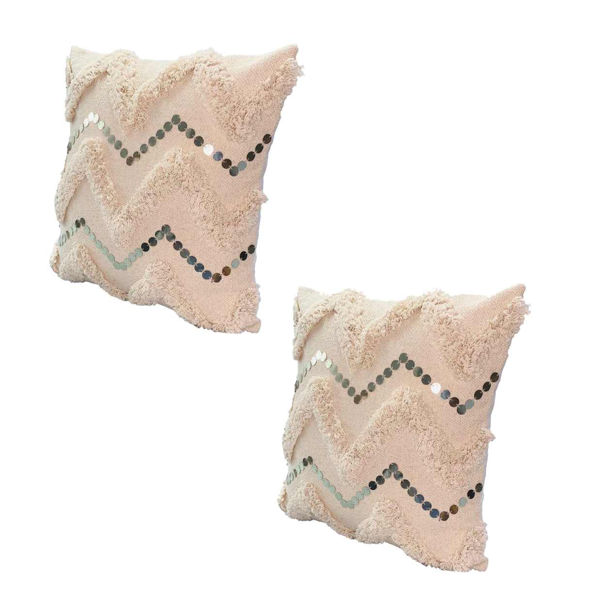 18 X 18 Square Cotton Accent Throw Pillow, Handcrafted Chevron Patchwork, Sequins, Set Of 2, Blush Pink