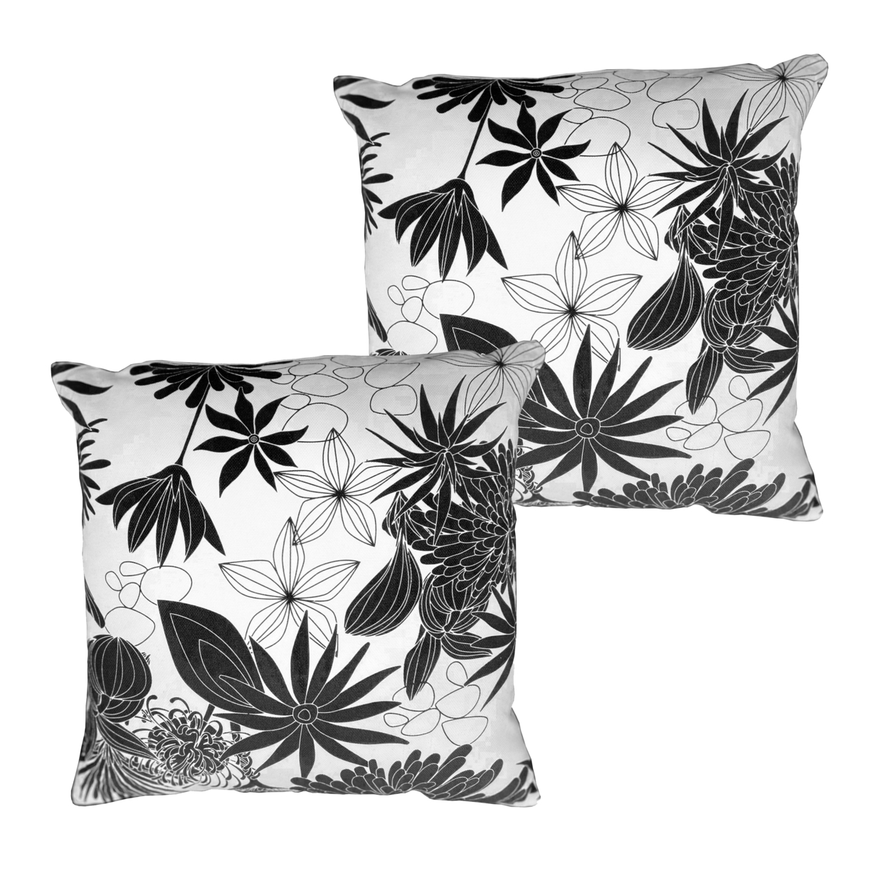 17 X 17 Inch Decorative Square Cotton Accent Throw Pillows, Classic Floral Print, Set Of 2, Black And White